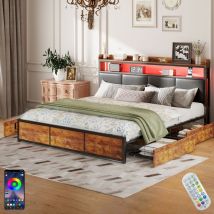 Dans Les Nuages - Lit 180x200 cm, avec 4 tiroirs, éclairage led, tête de lit capitonné en Similicuir, sommier à lattes, cadre en métal, lit double en