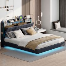 Tanant - Lit 160x200cm avec cadre de lit flottant, lit double avec éclairage led et prises usb, tête de lit avec rangement, sommier à lattes, lit