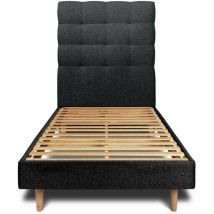 Lit 90x190cm avec tête de lit capitonnée bouclette et sommier kit Noir - Hauteur totale : 29cm