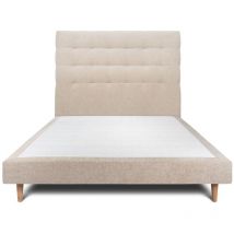 Lit 140x190cm avec tête de lit capitonnée tissu et sommier tapissier beige brun - Hauteur totale : 29cm