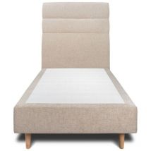 Lit 90x200cm avec tête de lit lignes tissu et sommier tapissier beige brun - Hauteur totale : 35cm