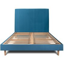 Lit 160x200cm avec tête de lit tapissier velours et sommier kit Bleu - Hauteur totale : 29cm