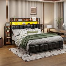 Lit 160x200cm en similicuir - avec led et étagères - Noir