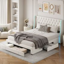 Lit 160x200,lit double 160x200 avec tiroirs,lit adulte capitonné,tête de lit avec led réglable,velours,beige