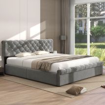 Lit adulte 160x200 cm, Lit coffre avec sommier, Lit double avec rangement, Lit capitonné,Lit plat avec Sommier à lattes,tête de lit réglable en