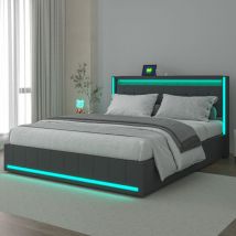 Sureh - lit 2 Personnes 140 x 200 avec sommier et tiroirs, lit 140x200 avec tête de lit et led, ports usb, cadre de lit avec sommier à lattes, lin,