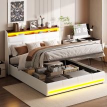 Sureh - lit 2 Personnes 160 x 200 avec tête de lit et rangement sous le lit, lit coffre adulte avec led et sommier à lattes, cadre de lit 160 x 200