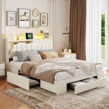 Sureh - lit 2 Personnes 160x200 cm avec tête de lit et tiroirs, lit double rembourré avec led et ports usb, 3 tiroirs, cadre de lit avec sommier à