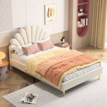 Sureh - lit 2 Personnes capitonné 140 x 200 avec sommier à lattes, lit fille, lit princesse, lit 140x200, velours, lit ado, beige