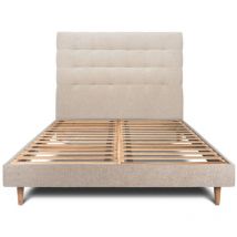 Lit 200x200cm avec tête de lit capitonnée tissu et sommier kit beige brun - Hauteur totale : 29cm