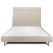 Lit 150x200cm avec tête de lit lignes tissu et sommier tapissier beige brun - Hauteur totale : 29cm