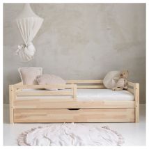 Lit 90x190 barrière sommier et tiroir inclus Myléna Bois