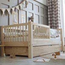 Lit 90x190 barrière sommier et tiroir inclus Sybil Bois
