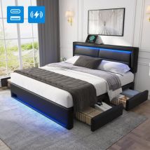 Hauss Spole - Lit adulte 140 x 190 cm, 4 tiroirs, usb (prend en charge la recharge sans fil et filaire), led, pu, ​​​​sans matelas, noir