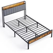 Bealife - Lit Adulte 140 x 200 en Métal avec Tête de lit Capitonnée en Tissu pour Rangement Lit Double avec Sommier à Lattes Noir et Gris Clair