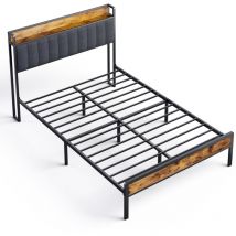 Bealife - Lit Adulte 140 x 200 en Métal avec Tête de lit Capitonnée en Tissu pour Rangement Lit Double avec Sommier à Lattes Noir et Gris Foncé