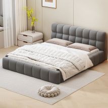 Lit 140x190cm - avec dossier moelleux, cadre de lit, sommier à lattes, tête de lit, lit adulte style scandinave - Gris