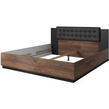 Cama de adulto 140x200 - Roble oscuro y negro - Colección fox - Somier no incluido