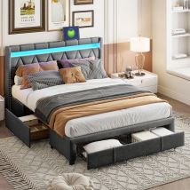 Blanketswarm - Lit adulte 140x200cm avec 4 tiroirs, Lit capitonné avec 2 stations de recharge usb, Lit rembourré, tète de lit losange de éclairée led