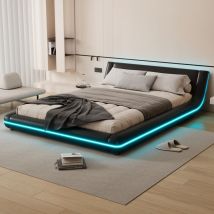 Lit adulte 140x200cm, lit capitonné avec sommier à lattes, éclairage d'ambiance led intégré, cadre de lit, pu, ​​lit double - Noir