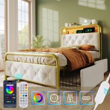 Lit 90x200cm avec tiroirs + led + Ports de recharge - rembourré en velours - avec sommier en métal - Beige