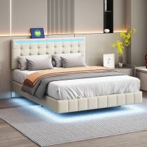 Lit adulte 140x200cm - lit flottant avec led et 2 ports usb + sommier à lattes - tissu en lin - Beige