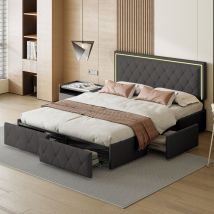 Lit adulte 140x200,Lit 140x200 avec 4 tiroirs,lit double capitonné, tête de lit réglable en hauteur, avec bande lumineuse led orientable, pu, gris