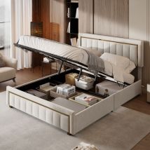 Lit 160x200,lit coffre 160x200,lit adulte 160x200 avec sommier à lattes,lit double rembourré avec levier hydraulique,velours,Beige - Sunfecili