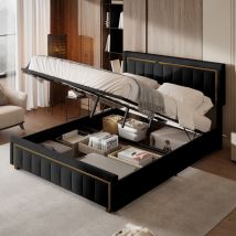 Lit 160x200,lit coffre 160x200,lit adulte 160x200 avec sommier à lattes,lit double rembourré avec levier hydraulique,velours,noir - Sunfecili