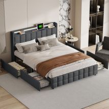 Blanketswarm - Lit Adulte 160x200,Lit Coffre Capitonné 160x200 Lit Adulte led et Chargement usb Lit Double avec Rangementdans Lit avec Tiroirs Cadre