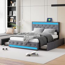 Sunfecili - lit adulte 140x200 avec 4 tirtors,lit double capitonné avec rangement,Lumières led réglables à la tête et au pied du lit,Matière lin