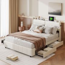 Lit adulte 140x200 avec tiroirs,lit double capitonné,sommier à lattes,chargement USB,poche de lit latérale,PU,blanc