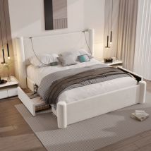 Hauss Spole - Lit adulte 140x200 cm, 2 usb, lit double rembourré avec 2 tiroirs de rangement, velours, sans matelas, beige
