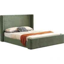 Lit adulte 160x200 cm avec tête de lit matelassée en velours côtelé vert kaki - Frida