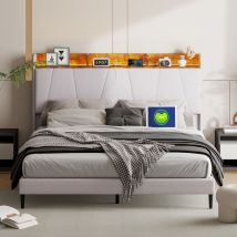 Nmonet - Lit adulte 140x200 cm, sommier à lattes en bois massif, éclairage led, tête de lit rangement, interface USB+Tpcy-c, revêtement en lin, lit