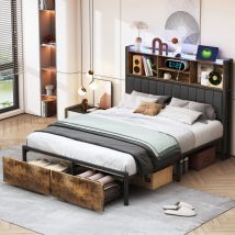 Blanketswarm - Lit double 180x200cm avec 2 tiroirs, Lit adulte, tête de lit avec rangement, Lit capitonné avec éclairage led et chargement usb, Lit