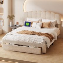 Lit Adulte 160x200cm Avec Tiroirs, Lit Double Avec Tête De Lit, Lit Capitonné Avec Dossier Souple, Tête De Lit Avec Usb, Lit Avec Sommier À Lattes, 