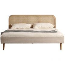 Lit adulte 180x200 cm en velours côtelé beige avec tête de lit en cannage - Dalia