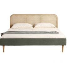 Lit adulte 140x190 cm en velours côtelé vert kaki avec tête de lit en cannage - Dalia