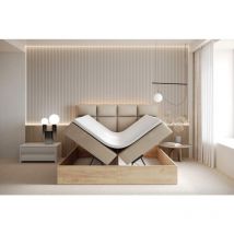 Lit adulte 180x200 cm selva avec rangement, matelas ressorts ensachés et surmatelas - tissu velours - beige