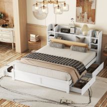 Hauss Spole - Lit adulte 180x200cm, lit double, 4 tiroirs, tête de lit avec rangement, sans matelas, pin, blanc