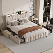 Lit adulte 180x200,lit double 180x200 avec 4 tiroirs,Tête de lit avec lumières led réglables et chargement USB,lin,beige - Sunfecili