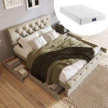 Aiducho Cadre de lit avec 4 tiroirs, lit double rembourré lit 140x200cm, tête de lit réglable en hauteur, lit fonctionnel Chesterfield, naturel (avec