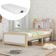 Wishdor - Lit adulte Lit simple enfant 90 x 200 cm en bois avec sommier à lattes et tête de lit rangement, naturel et blanc, matelas inclus