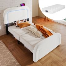 Hauss Spole - Lit adulte avec chargement usb type c, éclairage led, tête de lit réglable en hauteur, lit rembourré, 90x200cm, lit simple, blanc