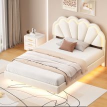 Tanant - Lit adulte 140 x 200cm, cadre de lit flottant capitonné, avec éclairage led et tête de lit design,Sommier à lattes, lit double, Scandinave,