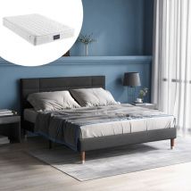 Wishdor - Lit adulte 140x200 cm, lit capitonné 140x200 cm avec sommier à lattes et tête de lit capitonné, en lin gris, matelas inclus