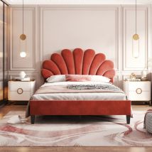 Lit adulte capitonné 140x200cm - tête de lit en forme de fleur, sommier à lattes, Scandinave lit double, velours - Rouge