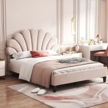 Lit adulte capitonné 140x200cm - tête de lit en forme de fleur, sommier à lattes, Scandinave Lit double, velours - Beige