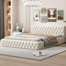 Lit adulte capitonné 140x200cm - tissu en velours - Beige